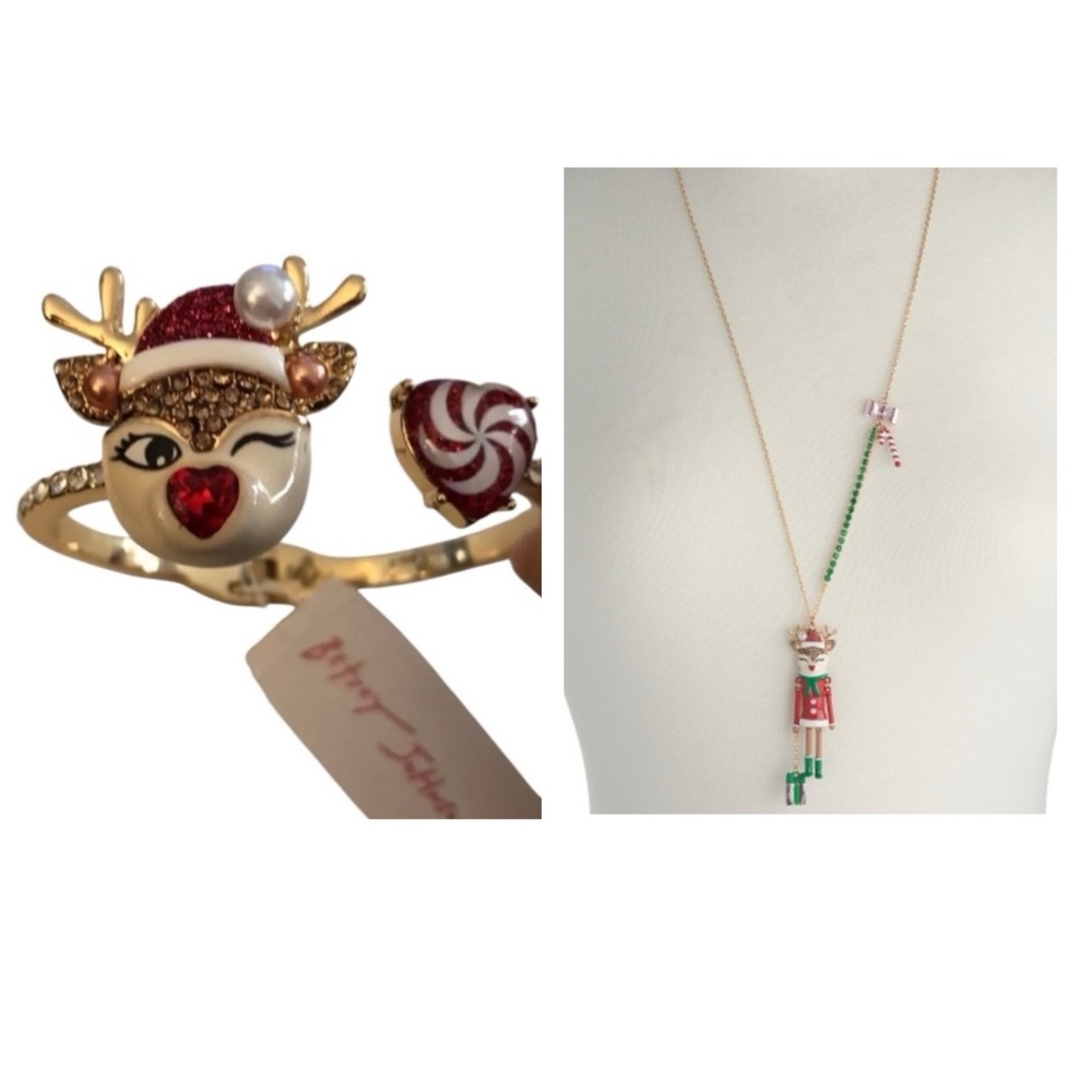 BETSEY JOHNSON SET Christmas Rudolph Reindeer Hinge Bracelet & Necklace NEW NWT